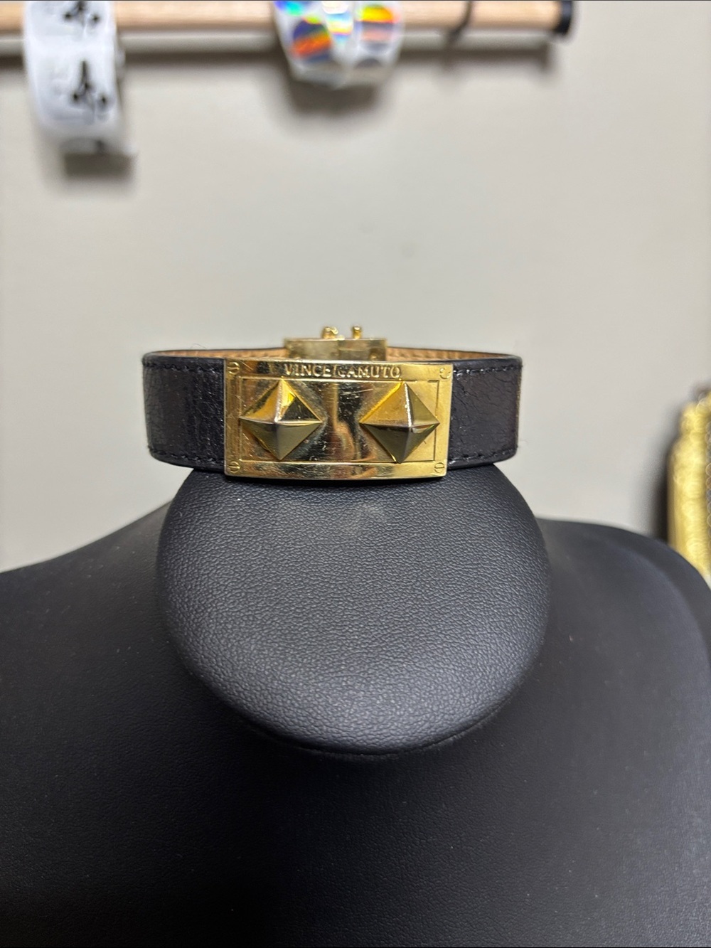 Vince Camuto Black Leather Bracelet with Gold Pyramid Plaque
